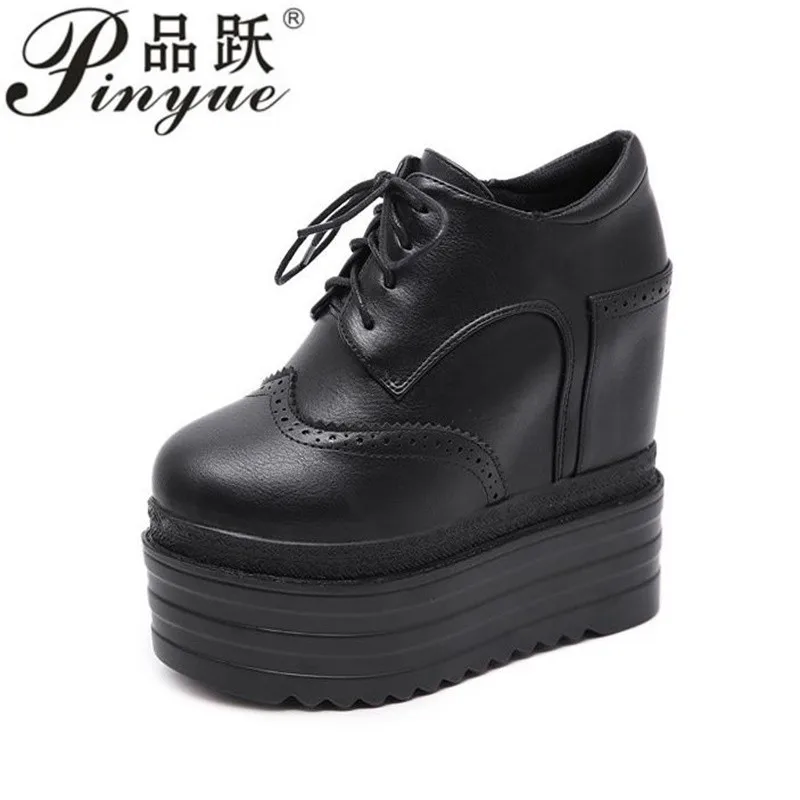 

13cm High Platform Leather Casual Shoes Women Spring/autumn Wedge Ankle Boots for Women Height Increasing Lace-up boots