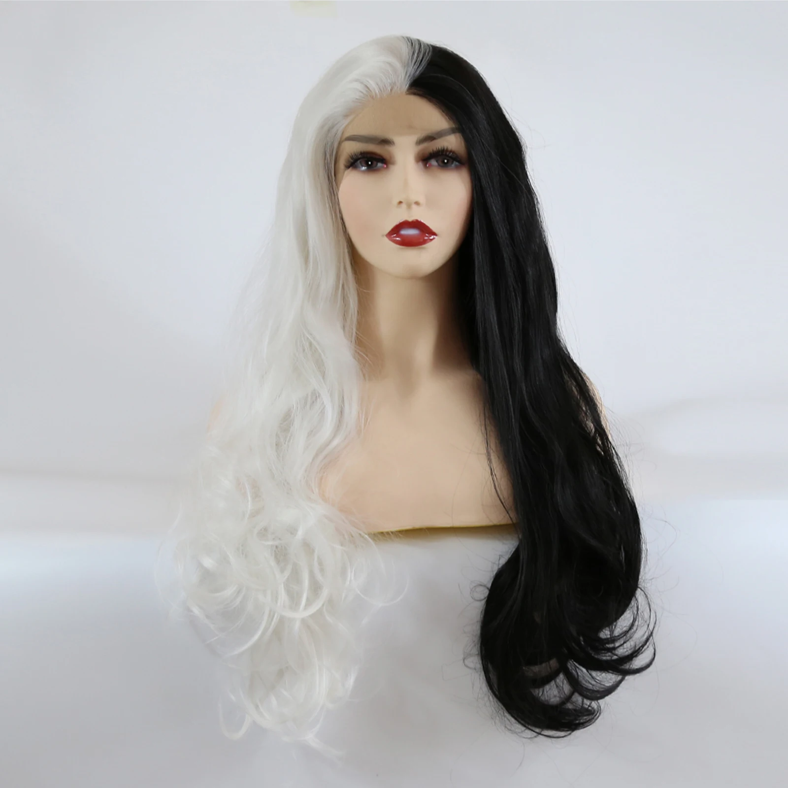 Thiswig Half Black Half White Synthetic Lace Front Wig Free Part Hand Tied High Temperature Fiber Hair for Women Cosplay Wig