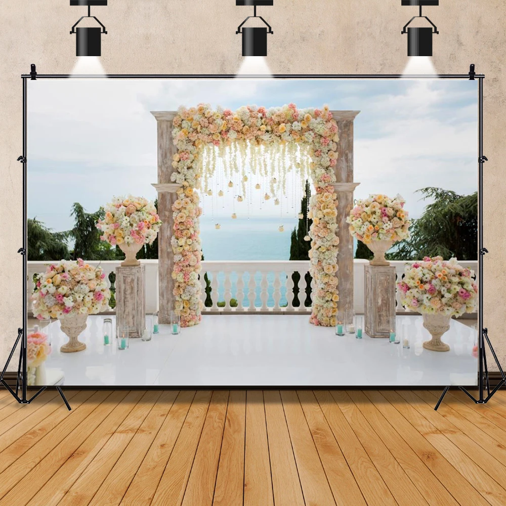 Laeacco Романтическая свадьба сцена цветы венок на дверь сцена любовь Приморский сцена фотографический фон, фото-декорации Фотостудия
