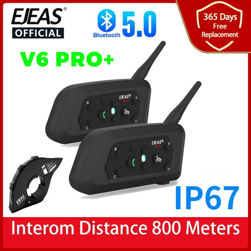 

EJEAS V6 PRO+ Bluetooth Motorcycle Helmet Intercom Headset with 800M BT Interphone Communicator for 6 Riders IP67 Waterproof