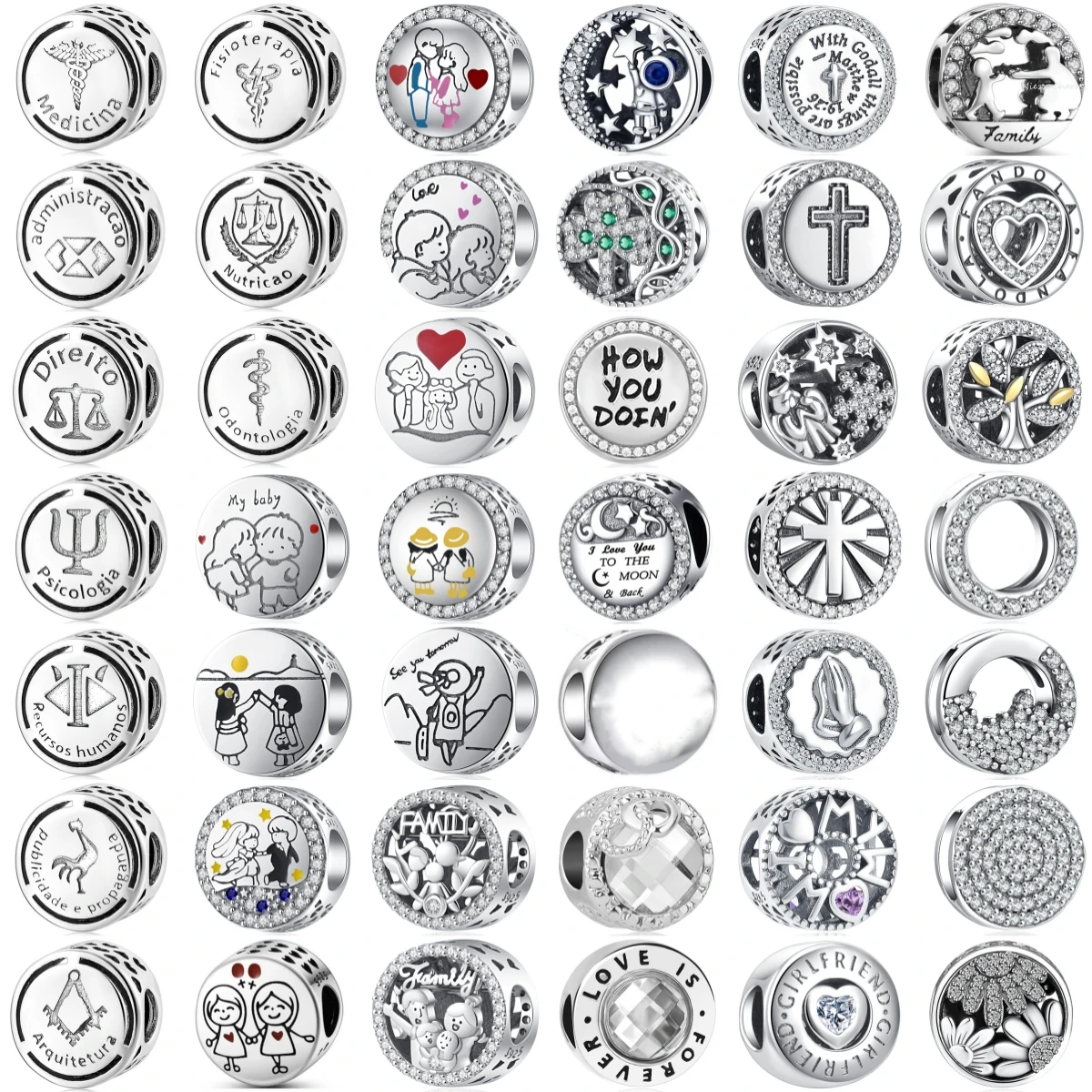 925 Silver Beads Family Love Cross Tree Of Life Occupation Doctor Nurse Lawyer Teacher Fit DIY Jewelry Gift For Women