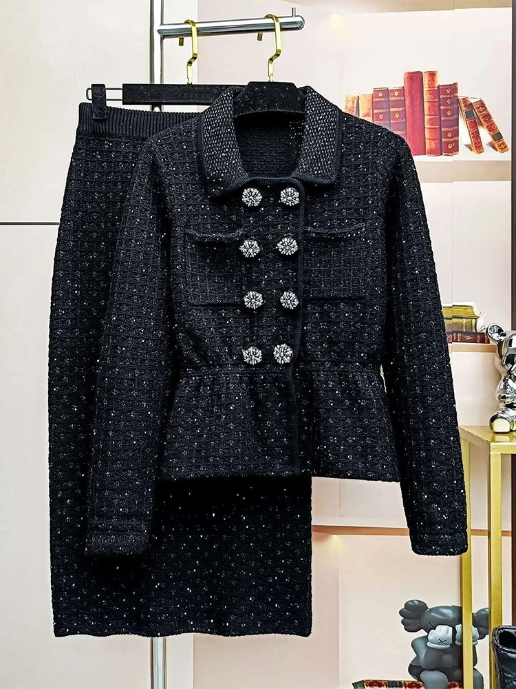 Designer  Autumn Double Breasted Diamonds Crystal Beading Knitted Cardigans Jackets Midi Long Pencil Skirts Women Two Piece Sets