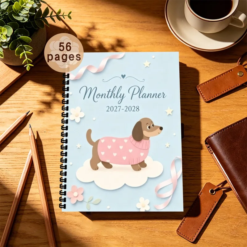 A5 Spiral Bound Planner2027-2028, Monthly and Weekly Task Lists and Schedules with Cute Dachshund Pattern