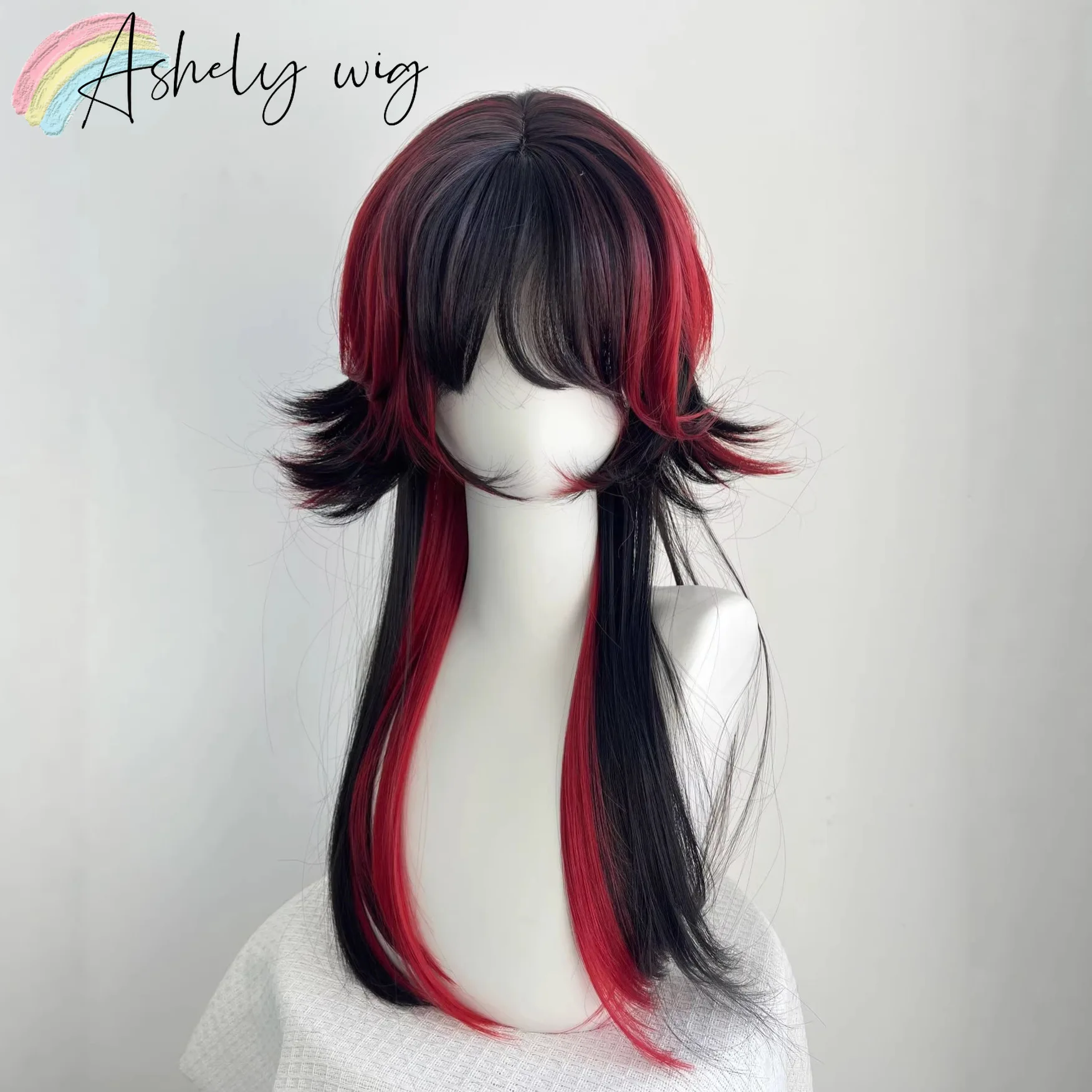 Ashely Jellyfish Head Black with Red Wigs with Bangs Subculture Y2K High Temperature Fibers Cosplay Synthetic Wigs for Daily Use
