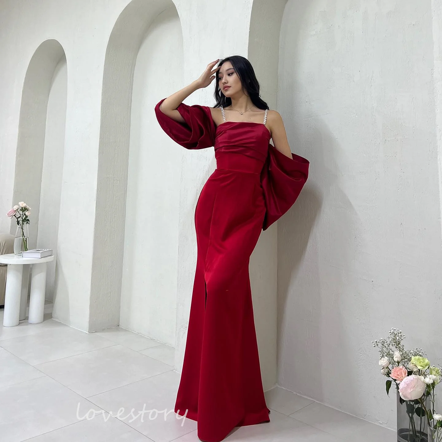 

Lovestory Red Satin Evening Dresses Spaghetti Strap Formal Occasion Gown Ruffled Prom Dress Evening Gowns 2024 Floor Length