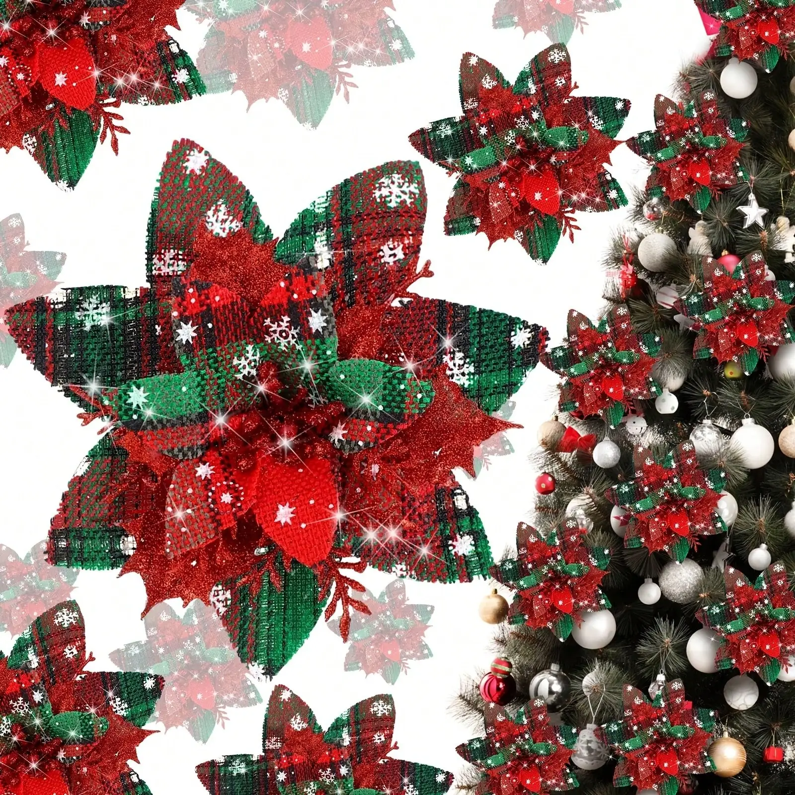 Conjunto de 12 Peças de Hastes de Flores de Poinsétia Artificiais para o Natal, Decorações de Flores de Natal Brilhantes com Clipes, Decorações para Árvore de Natal, Arranjos Florais para Festas, Adequado para Guirlandas, Festas em Casa, Decorações Internas e Externas.