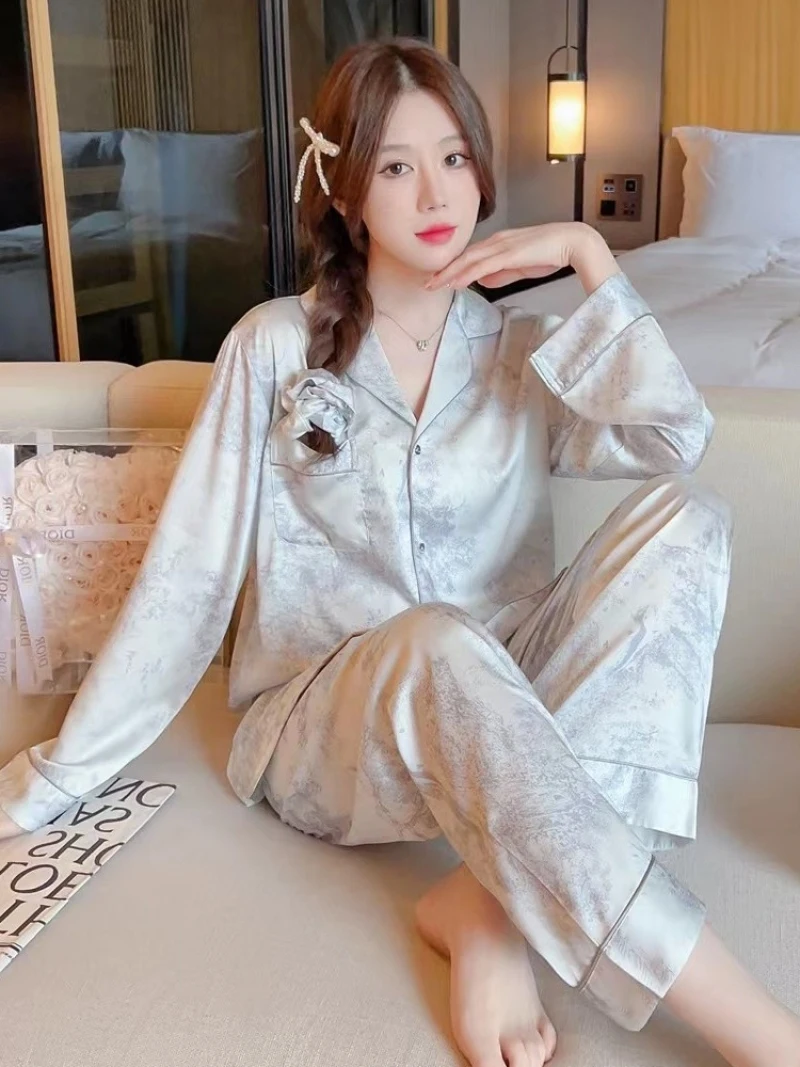 M-5XL Loose Brand Women Pajamas Set Luxury Sleepwear Print Smooth Faux Silk Pajama Set Home Clothe Nightclothes Summer Outfits