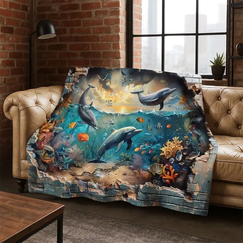 3D Illusion Underwater World Marine Life Shark Dolphin Cartoon Flannel Blanket Throw Blanket for Bedroom Living Room Bed Travel