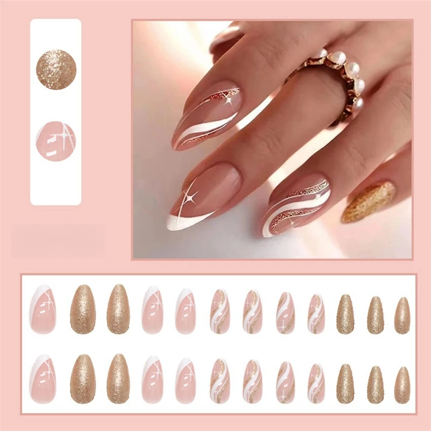 24 unids/set estilo de invierno línea inclinada negra misteriosa usando uñas postizas prensa de almendra francesa en uñas brillo estrella puntas de uñas postizas