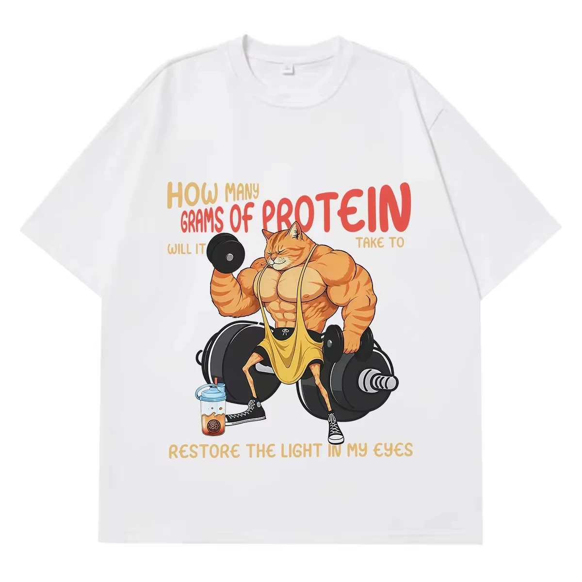 Funny Muscle Cat Protein Meme Gym Workout Graphics T Shirt Men Women Vintage T-shirt Short-sleeved Loose Casual Cotton T-shirts