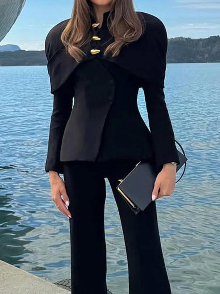 

Women Elegant Button Design Solid Outercoats Casual Long Sleeve Slim Commuting Coats Office Fashion Stand Collar Luxury Jackets