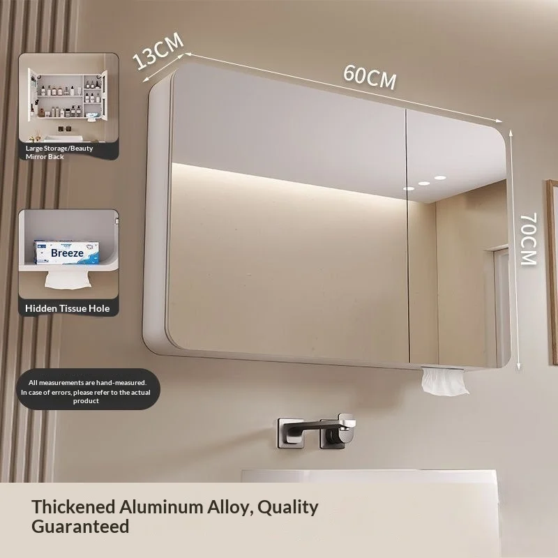 LED Smart Bathroom Mirror Cabinet Wall Mounted Anti Fog Makeup Storage Aerospace Aluminum Rounded Thick Round Bathroom Mirror view 4