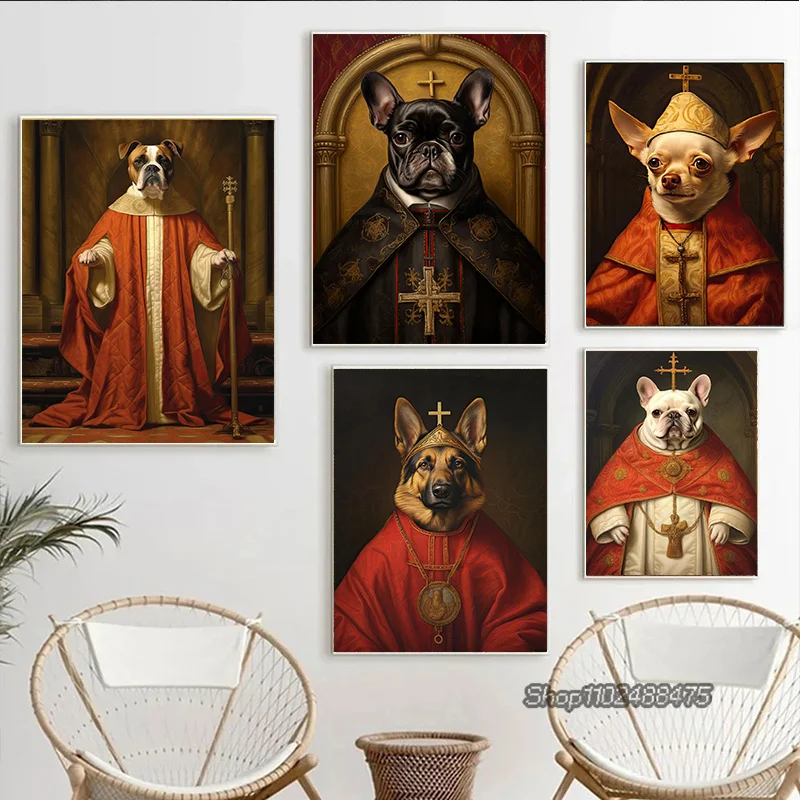 Vintage French Bulldog The Pope Posters Prints Dog Portraits Animal Canvas Painting Wall Art Pictures for Home Living Room Decor