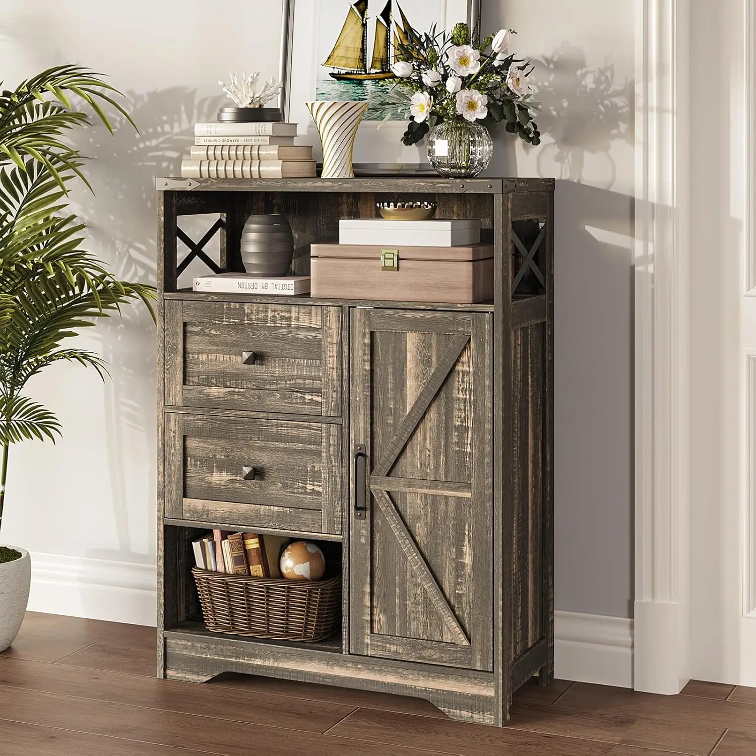 

Farmhouse Storage Cabinet with 2 Drawers Shelves Freestanding Kitchen Cabinet with Doors Floor Storage Organization for Living R