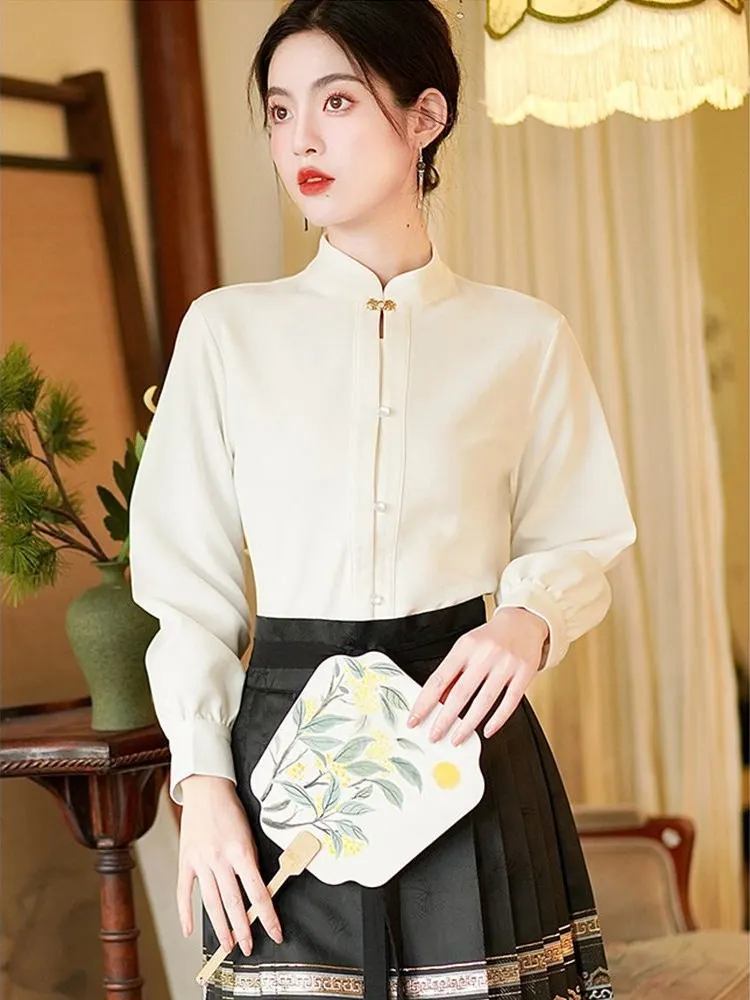 

Элегантная китайская блузка с длинным рукавом, воротником-стойкой и пуговицами, в комплекте с юбкой с зауженным подолом, для весны и осени