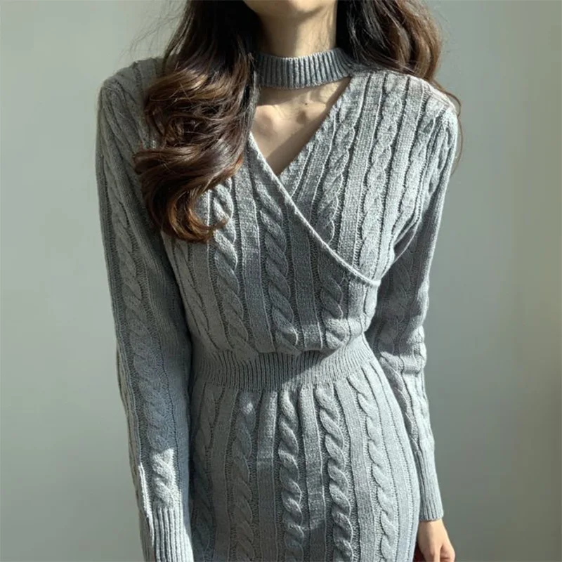 Personalized Versatile Round Neck Fried Dough Twists Pattern Two Way Design Split Slim Sexy Sweater Dress Women