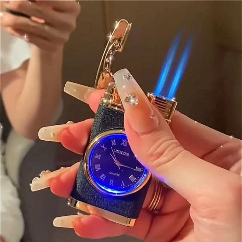 

Metal Quartz Watch Arm Inflatable Lighter Windproof Blue Light Butane Jet Flame Torch Cigar Lighter Men's Smoking Gift