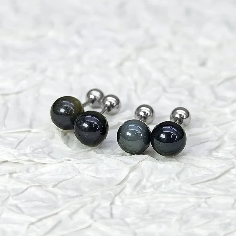 Natural Stone Titanium Steel Stud Earrings Screw Back 6mm Lapis Obsidian Amethyst Malachite Strawberry Quartz 1pair