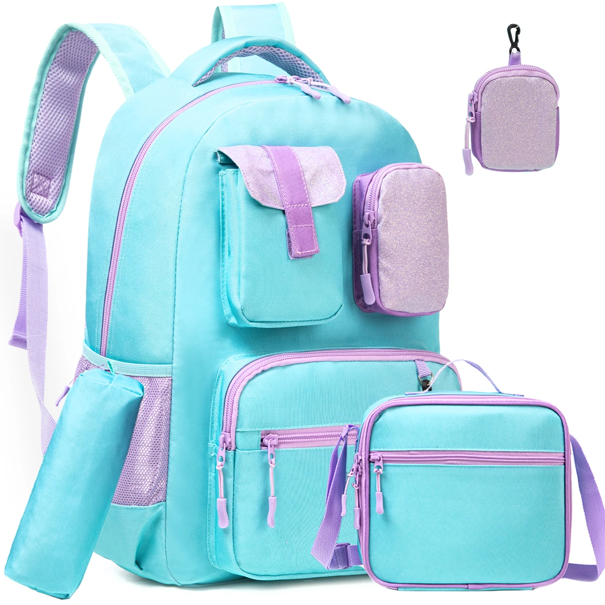 

3PCS Solid color Backpack for Girls PU Leather Bookbag for Elementary School with Lunch Bag And PenBag