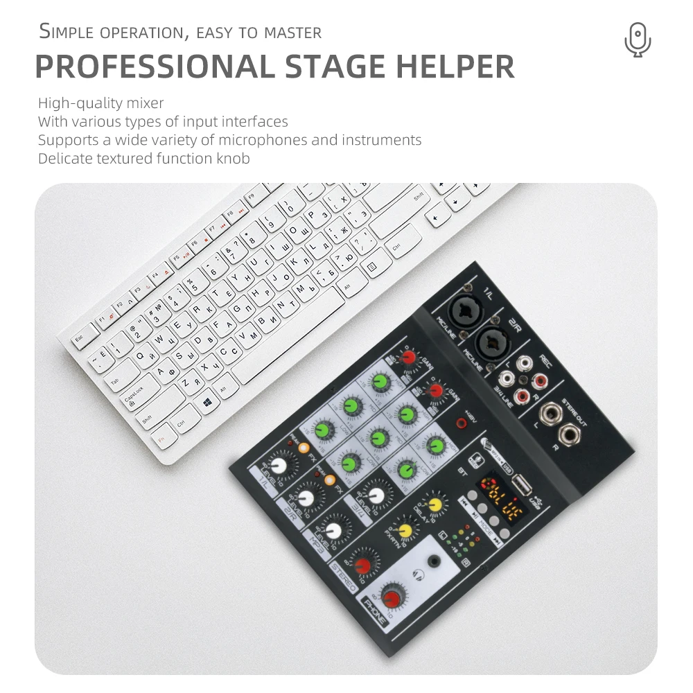 Mic 2u Draagbare 4 Kanaals Tafel Mixer Mp3 Afspelen Bt Console Audiomixer Ingebouwde Galm Effect 3-Band Eq Dc 5V Voeding