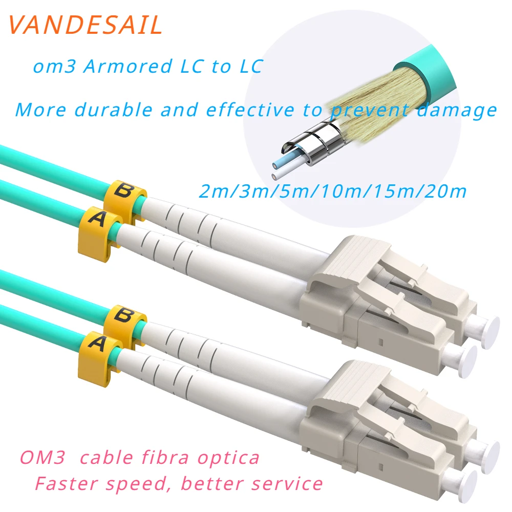 Vandesail OM3 LC TO LC สายเคเบิลหุ้มเกราะ fibra Optica Optica OM3มัลติโหมดใยแก้วนำแสง Cable10/40GB ตัวรับส่งสัญญาณ LSZH 50/125µm