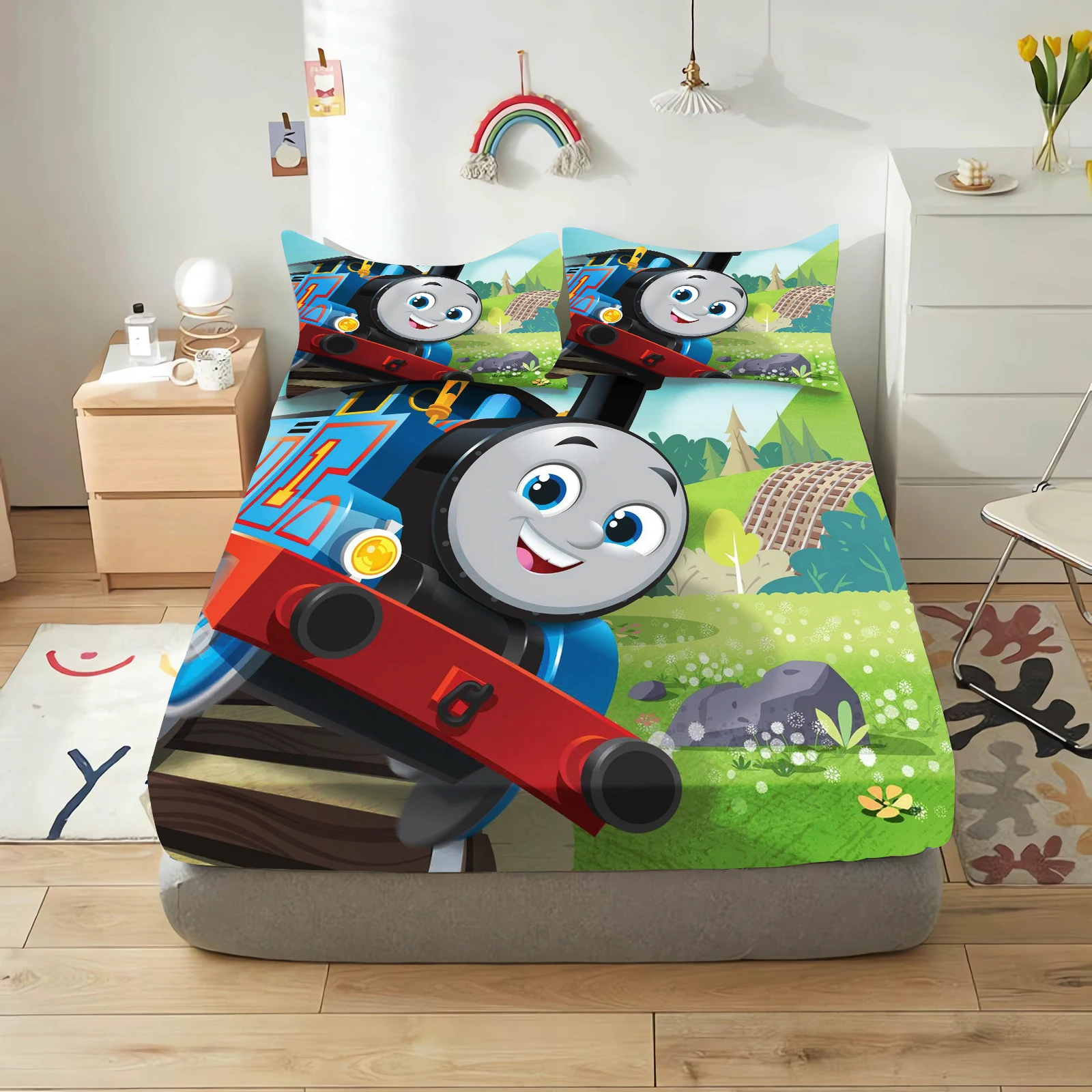 Thomas and Friends Fitted Sheet Children 100% Polyester Coverage Sheets Cartoon Cover Elastic Printing Bedding Teenager