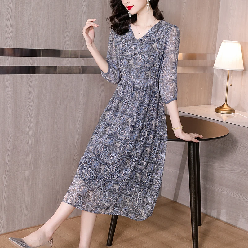 ZUOMAN Vintage 4XL Plus Size Midi Dress Spring Summer Loose Floral Mulberry Silk Dress Women Elegant Bodycon Party Vestido