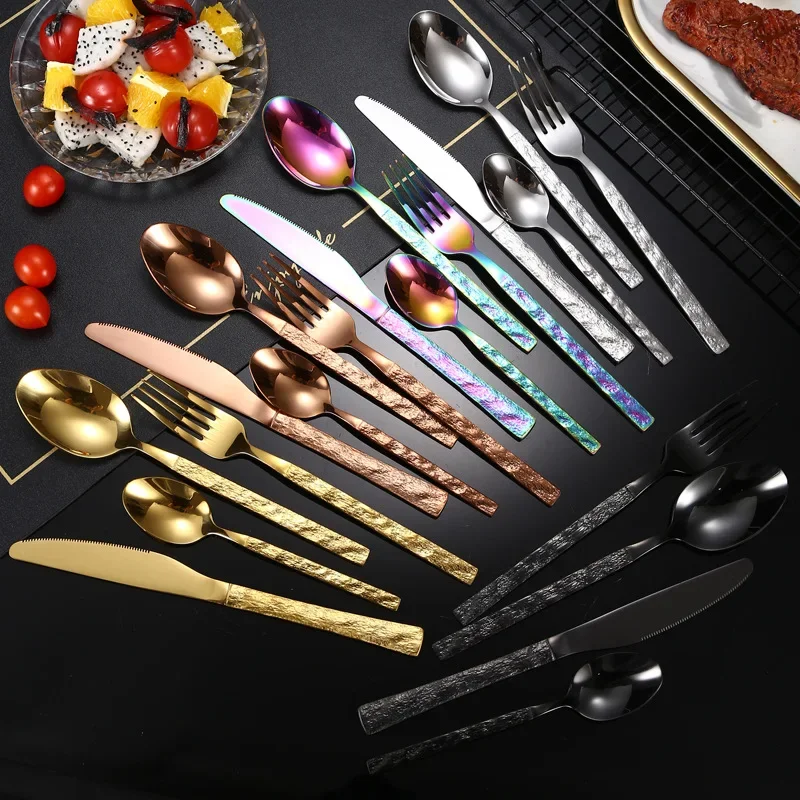 24pcs Cutlery Set Stainless Steel Black Stone Grain Handle Tableware Knives Fork Tea Spoons Dinner Kitchen Dinnerware Silverware