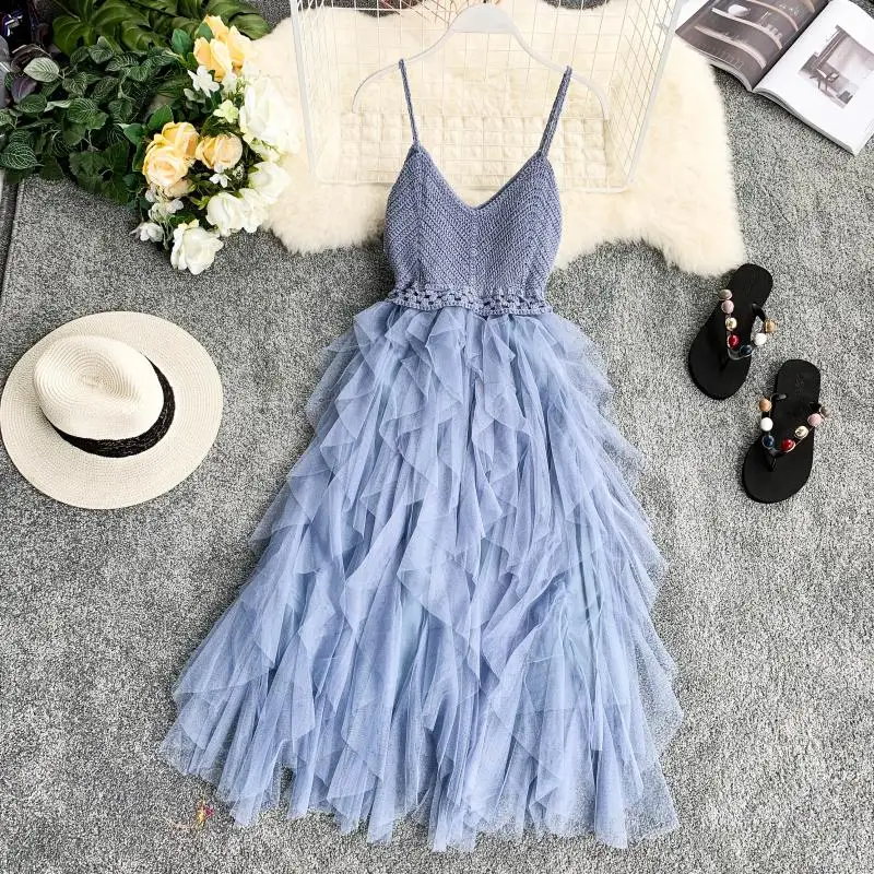 French Elegant Knitted V-neck Open Back Slip Dress Women\'s Summer Spliced Irregular Design Layer Tulle A-line Cake Dresses