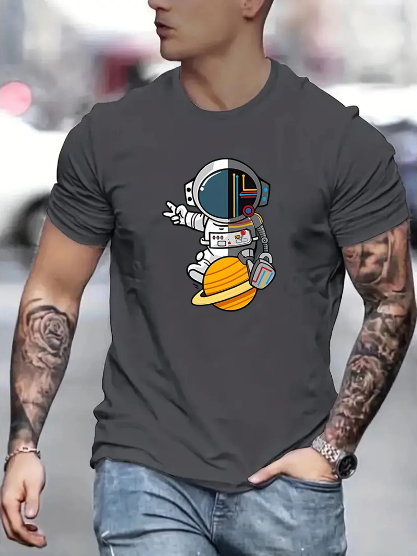 Men's summer 100% pure cotton fashionable casual sports loose cartoon astronaut graphic printed round neck short sleeved T-shirt