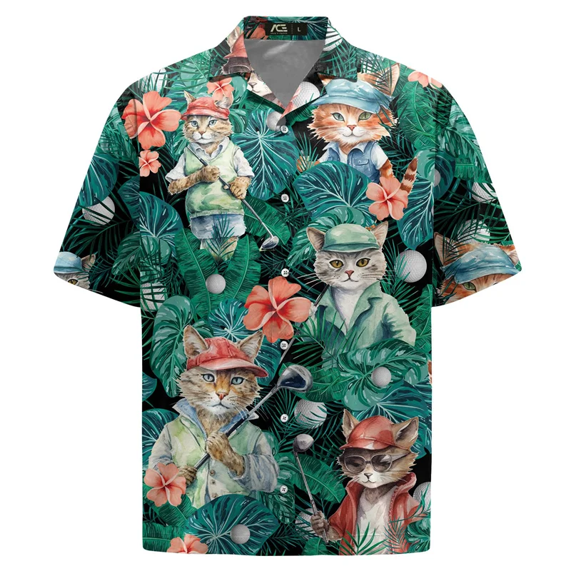 Tier Katze Waschbär Hawaiian Shirts Männer 3D Druck Dinosaurier Muster Hemd Knopf Revers Kurzen Ärmeln Mode Aloha Hemd Kleidung