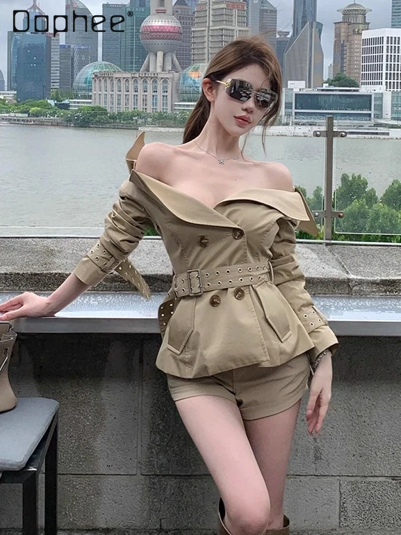 

2025 Autumn New Commuter Style Elegant Double-Breasted Large Lapel Belt Slim Short Jacket + Shorts 2 Piece Sets Womens Outfits