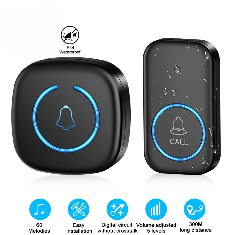 Wireless Doorbell Intelligent Welcome Door Bell 300M/984 FT Remote 60 Songs Melodies Home Smart Doorbell