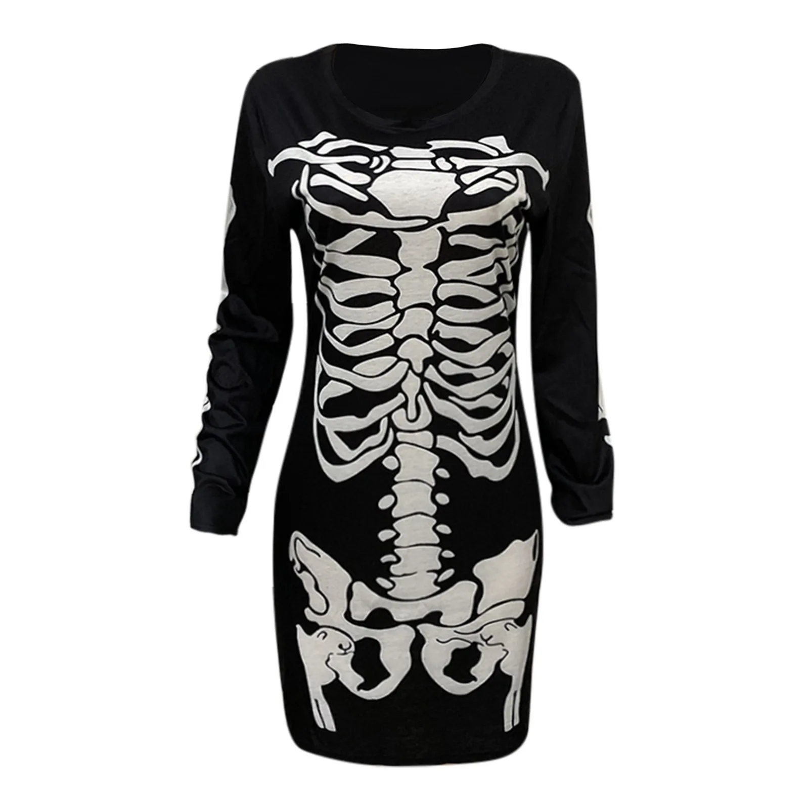 Skeleton Printed Funny Halloween Mini Dress Slim Fit Long Sleeved Costume Dresses Women Round Neck Casual Festival Dress