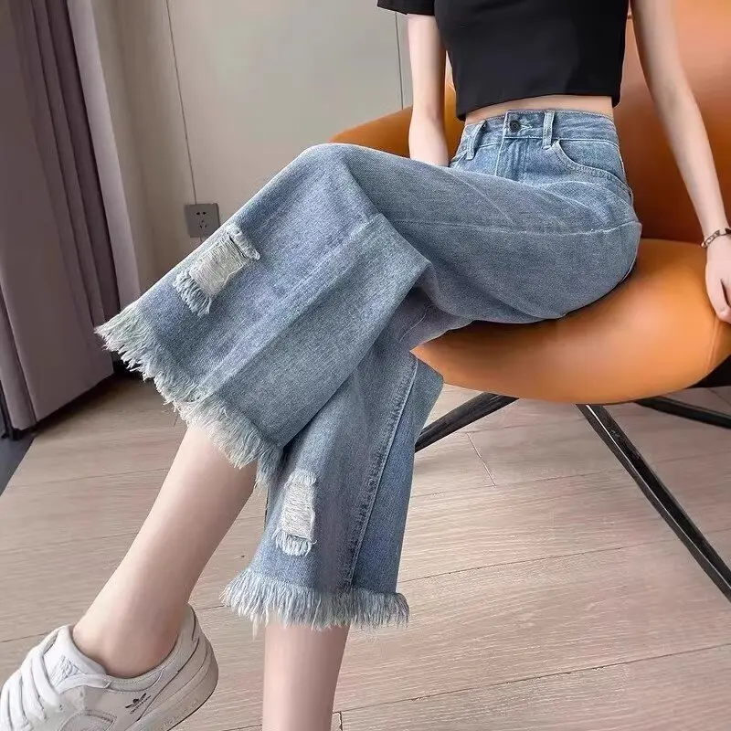 

Women's High-Waisted Wide-Leg Jeans, Vintage Frayed Hem Distressed Denim Pants, Casual Loose-Fit Trousers with Ripped Ankles