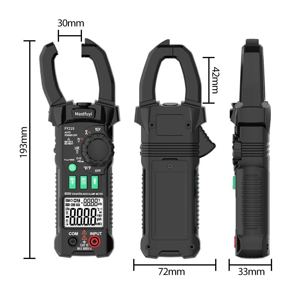 MASTFUYI FY219 Digital Clamp Meter 600A AC/DC Current True RMS Ammeter 6000 Counts Multimeter Voltage Ohm NCV Tester