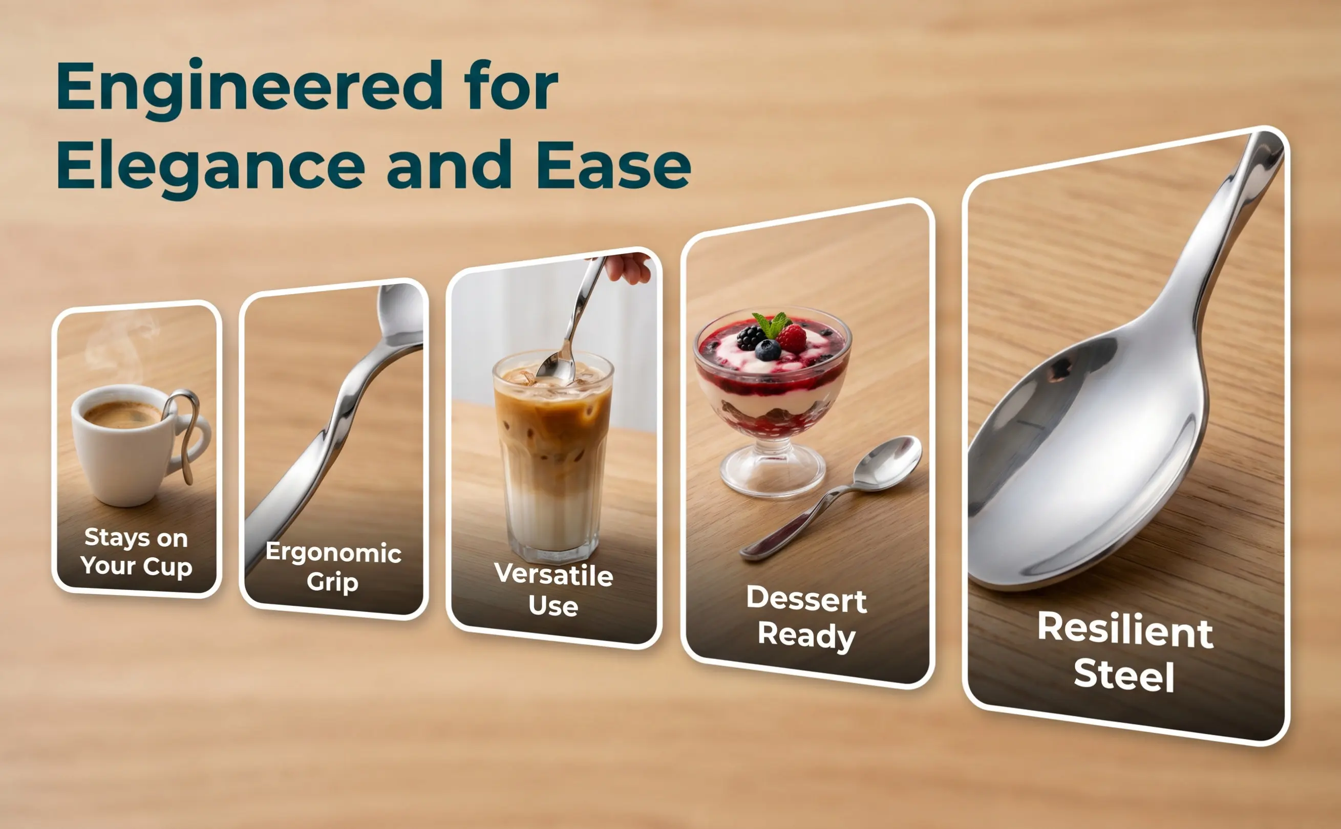 6pcs Stainless Steel Coffee Mixing Spoons – Heavy-Duty Non-Bend Stirrers with Curved Hanging Hooks for Espresso, Juice, Milk