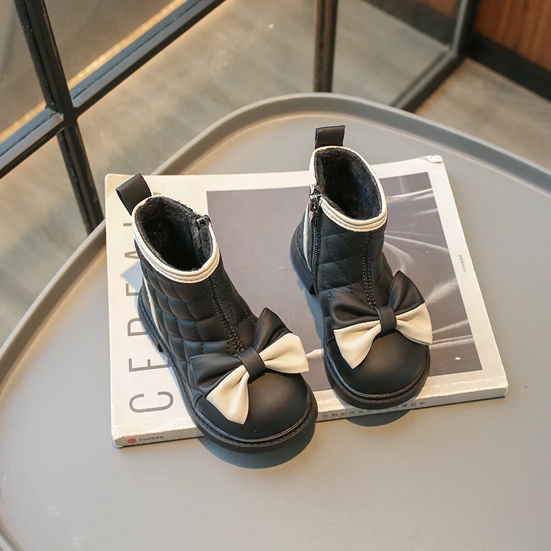 New Winter Shoes Girls Ankle Bootis Bowtie Rhombic Grid Booties Princess Cute Snow Shoes Children Pu Leather Dress Shoes