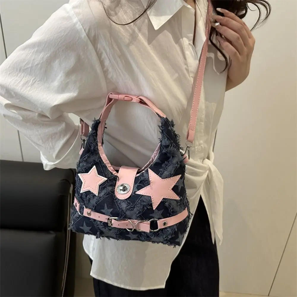 

Vintage Y2k Pink Star Handbags Aesthetic Harajuku Denim Shoulder Bag Leisure Plaid Crossbody Bag Women