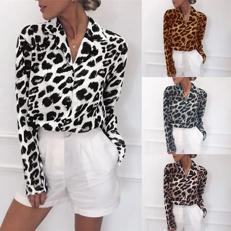 

Leopard Print Chiffon Women's irt Street Sle Straight Cut Long Sve V-Ne Blouse Faionable Top for Young Women