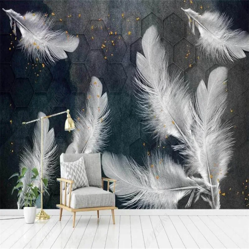 Wallpaper Nordic Blue Geometric Custom Mural Home Decor White Feather 3D Wall Paper Bedroom Decor  papel de parede 3D