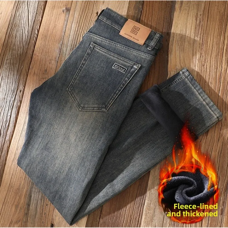 2026 New In Slim Fit Stretch Fashion  Winter Fleece  Warm Jeans Thick Straight  Brand Casual Jean Baggy Vintage
