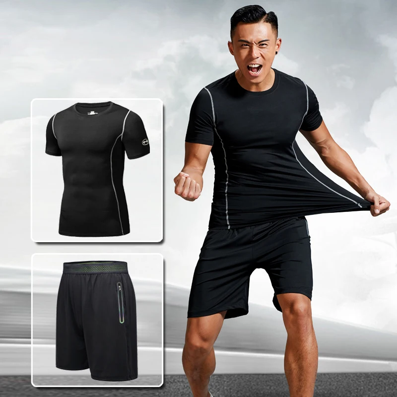 

Комплект для фитнеса из 2 предметов: футболка с коротким рукавом и шорты, летний, тонкий, быстросохнущий, для активного отдыха, бега, спортивная одежда для мужчин