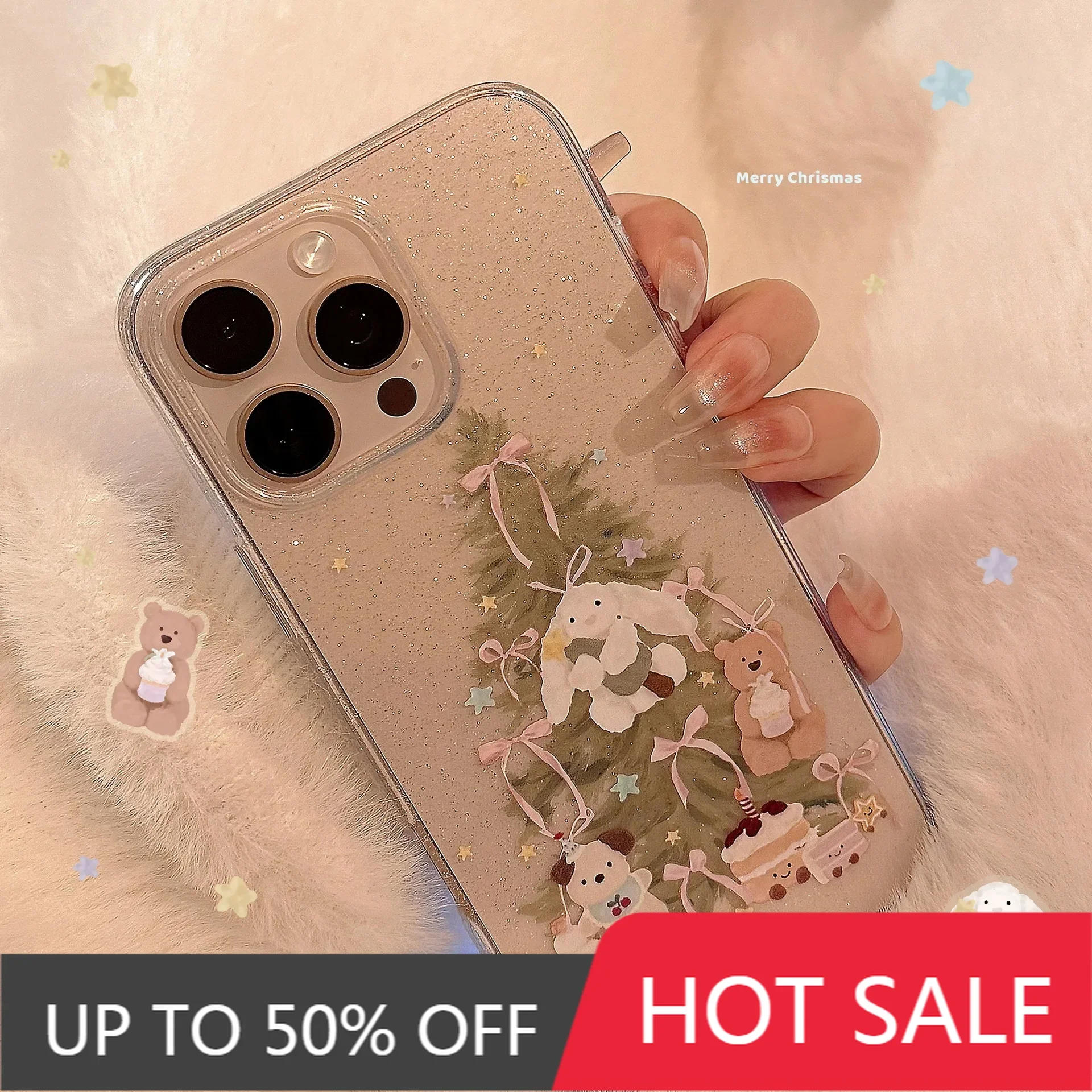 Fantasy Glitter iPhone Phone Case: Cozy Party of Cute Pet and Christmas Tree, Glitter, Silicone for 16 15 14 iPhone 11 case