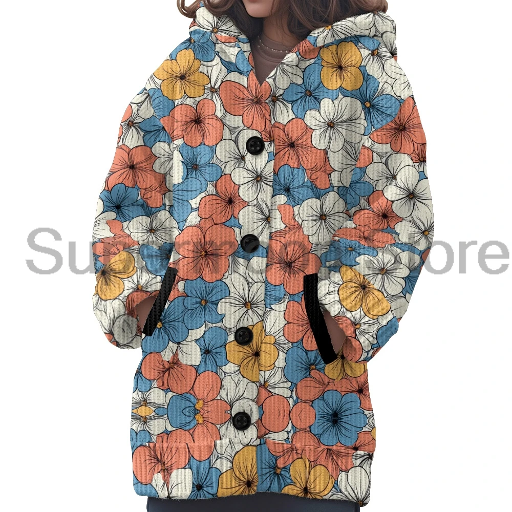 

Floral Print Button Down Hooded Cardigan Sweater Women's Long Sleeve Streetwear Casual Winter Outerwear Coat 2