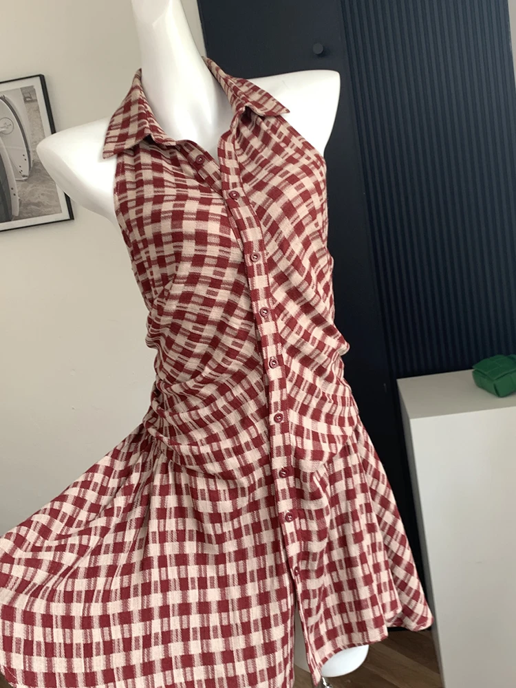 Summer Korean Vintage Plaid Mini Sleeveless Dress Women Vintage 2000s Aesthetic Frocks One-Piece Birthday Party Mori Girl Tide