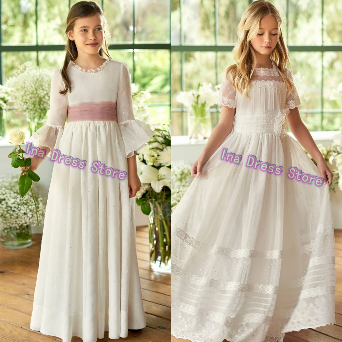 Customised First Communion Gowns Tulle Idyllic Wedding Dresses Flower Girl Dress Princess Girls Birthday Party Banquet Gowns