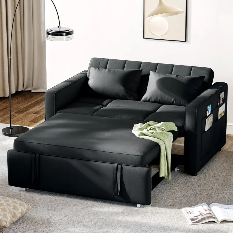 55" Convertible sofa bed, 3-in-1 Sleeper with Pull-Out, Velvet Futon Couch Adjustable Backrest and Side Pocket