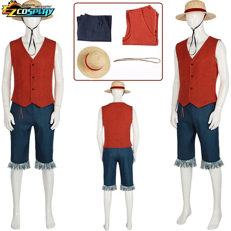 ลูฟี่คอสเพลย์ลิงดีลูฟี่เครื่องแต่งกายเสื้อกั๊กสีแดงกางเกงขาสั้นหมวกเชือกอะนิเมะเครื่องแต่งกายผู้ใหญ่ผู้ชายสําหรับปาร์ตี้ฮาโลวีน