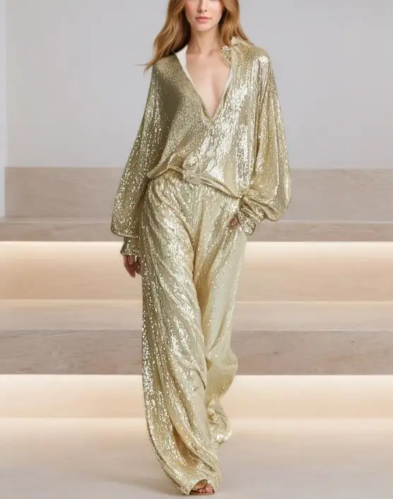 

Two Piece Set Women Outfit 2026 Spring Fashion Sequin Half Zip Design Stand Collar Long Sleeve Top & Casual Wide Leg Pants Set